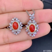 kjjeaxcmy fine jewelry 925 sterling silver inlaid natural red coral gemstone luxury ring necklace pendant set support test