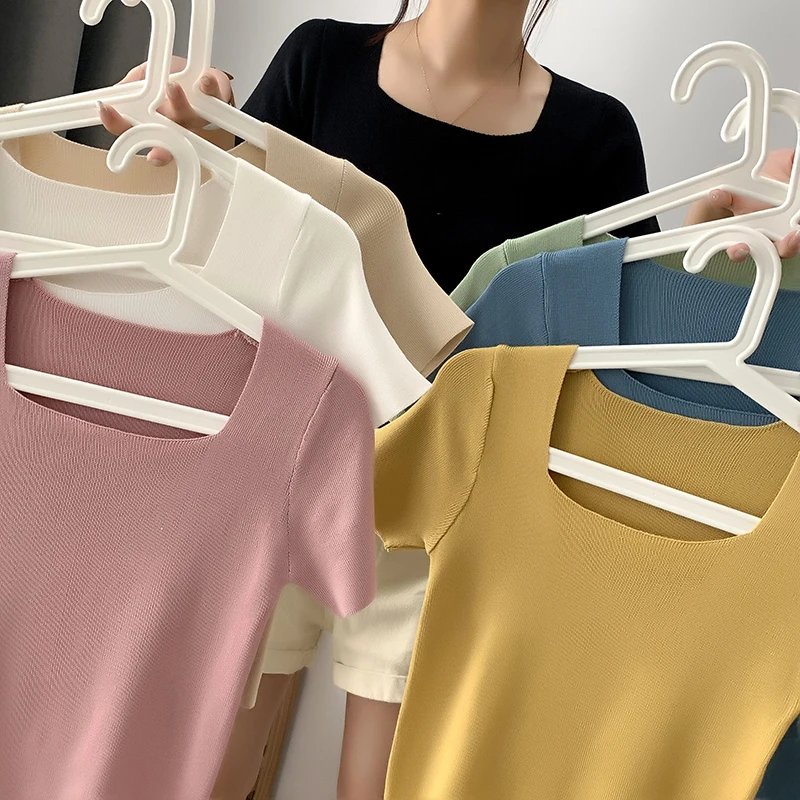 

Square Collar Women Thin Knitted T Shirts Elegant Slim Female Solid Color Short Sleeves All-Match Women Fashion Clothing Blouses