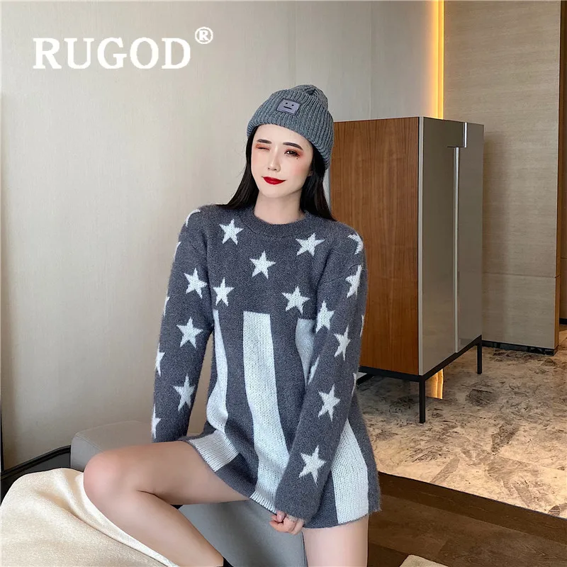 RUGOD Autumn Winter New Style Loose Star Pattern Fuzzy Sweater Dress Women Medium Long Mohair Pullover Fashion 2019 Kpop Clothes | Женская