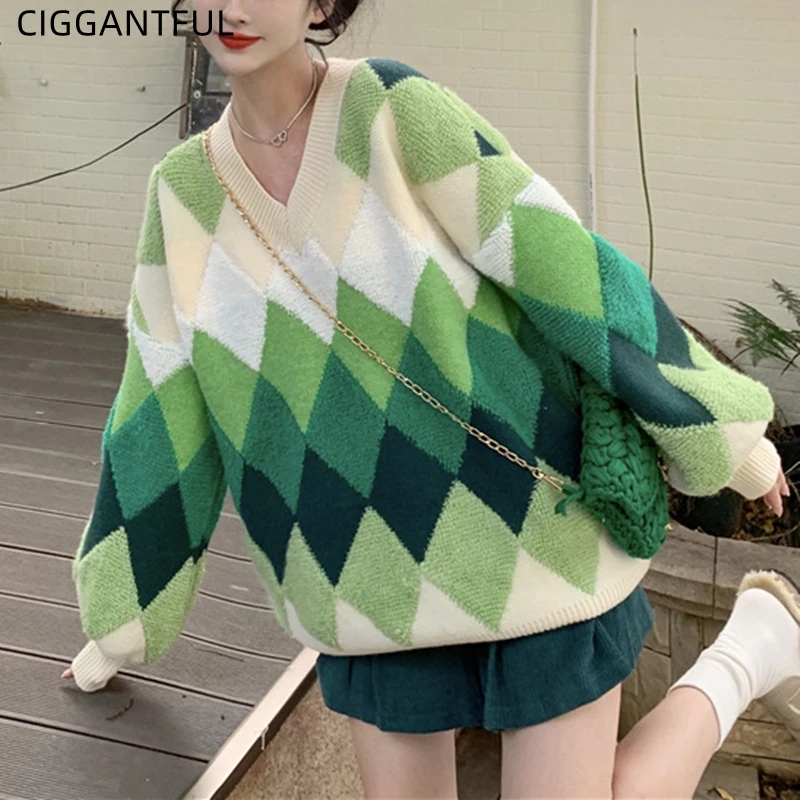 

2021 Lazy Style V Neck Diamond Pullover Oversize Sweater Women Loose Thick Contrast Color Flocking Jumper Sweet Warm Top Clothes