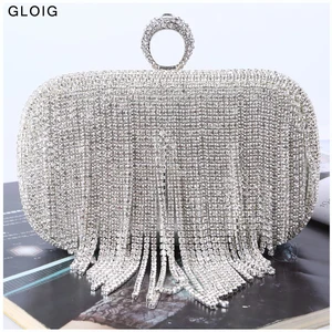 Tassel Diamonds Evening Bags Finger Ring Small Clutch Chain Shoulder One Side Rhinestones Party Wedd in India