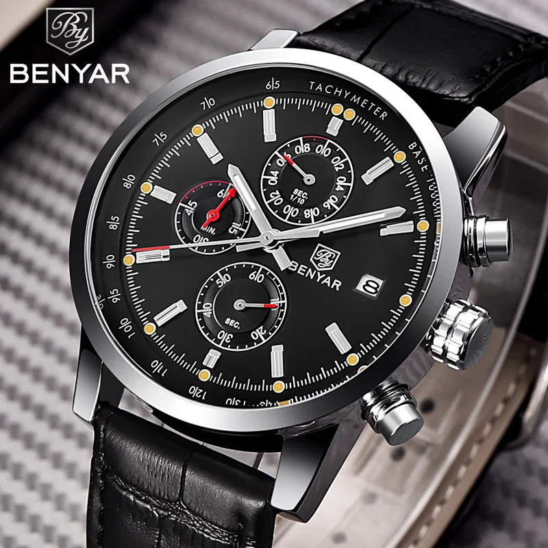 Часы-хронограф мужские спортивные водонепроницаемые из натуральной кожи в стиле