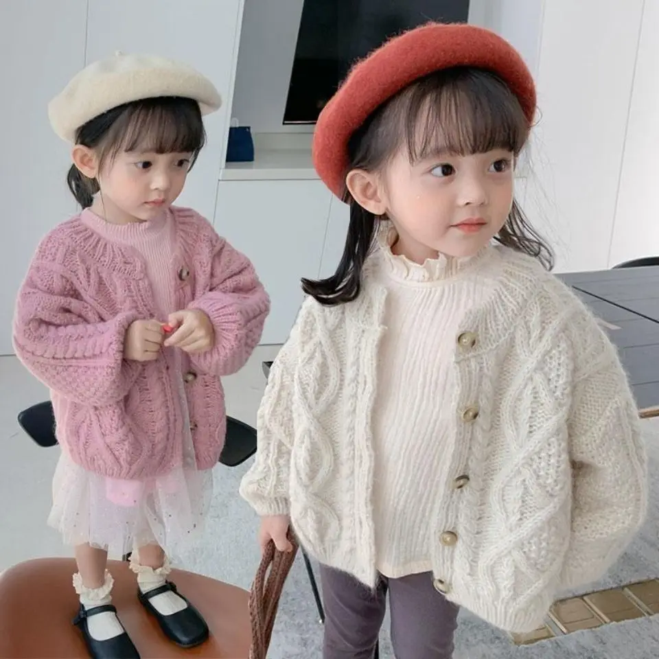 

Children's single-breasted pineapple needle cardigan jacket middle-aged Loose casual twist braid children's knitted sweater