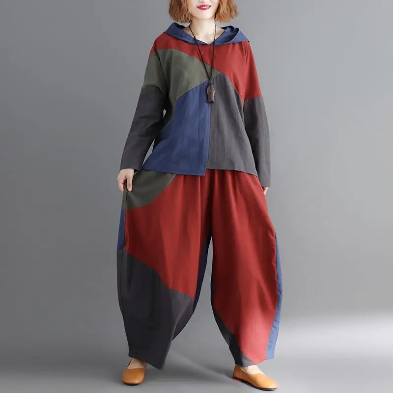 

Western Style Plus Size 2021 Hot-selling Two-piece Spring and Autumn Hooded Long-sleeved Sweater T-shirt Casual Lantern Harem Pa