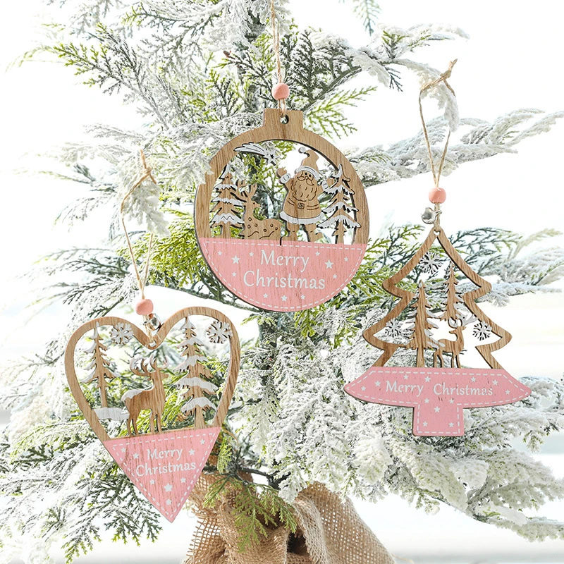 2021 New Year 1Pc Pink Christmas Ornament Wooden Hanging Pendants Star Xmas Tree Love Santa Claus Decorations | Дом и сад
