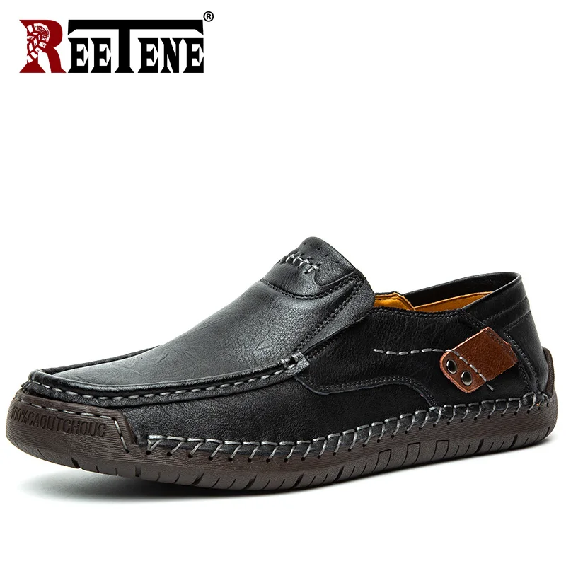 Мужские кожаные лоферы без застежки REETENE Повседневные Удобные мокасины для