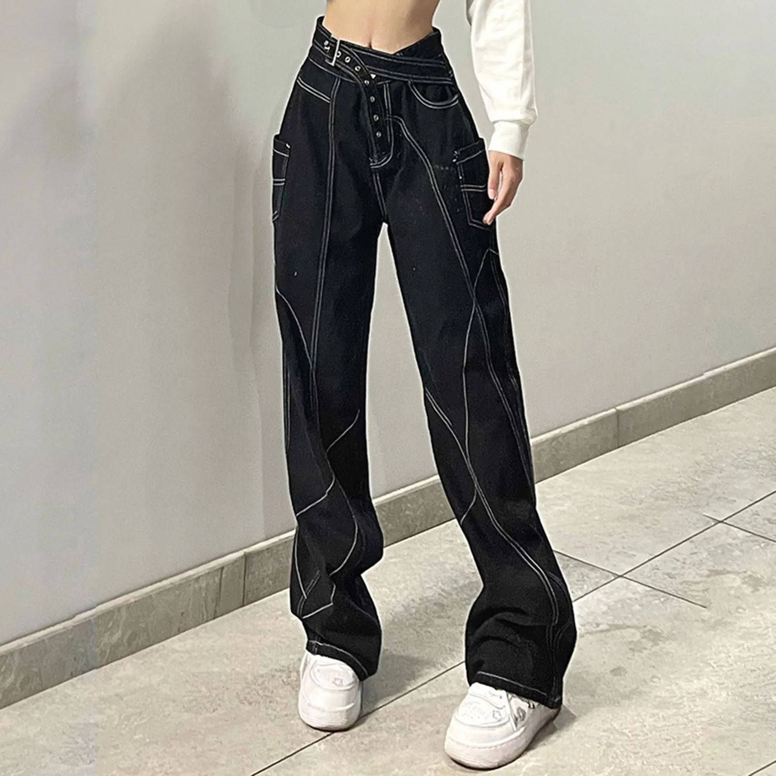 

Однотонные женские повседневные брюки с карманами и завышенной талией