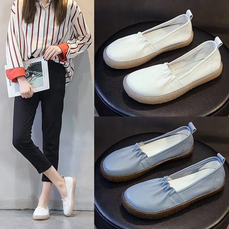 

2021 Spring Women Loafers Shallow cAuthenti Leather Casual Flat Shoes Women Boat Shoes Soft Leather Shoes White