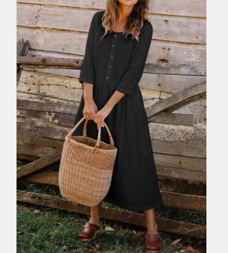 

Long Dress Fashion Elegant Women Autumn Casual Loose Solid Button Print Wrist Sleeve Single Breasted V Neck Plus Hem Vestidos