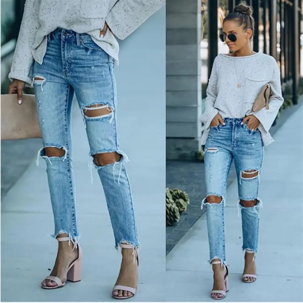 

Women Trousers City Skinny Destroyed Shift Pants Slim Tight Fit Long Casual Jeans Lady High Waist Ripped Casual Outwear Bottoms