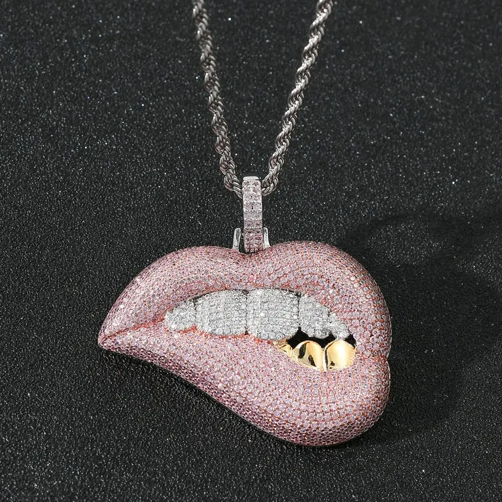 

Hip Hop Bling Big Pendant Micro Pave Pink Cz White Yellow Tooth 5A Zirconia Rope Chain Drip Lip Pendant Necklace Drop Shipping