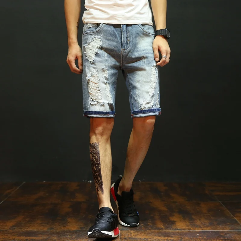 

Men Summer Short Jeans Holes Denim Shorts High Quality Men Light Blue Jean Shorts Slim Fit Denim Jeans Casual Denim Shorts