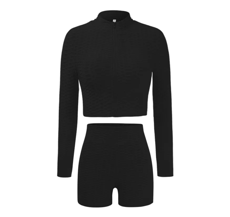

2 Pieces Sport Suit Set Female Solid Color Stand Collar Long Sleeve Crop Tops with Zipper+ Short Pants Women Sportwear