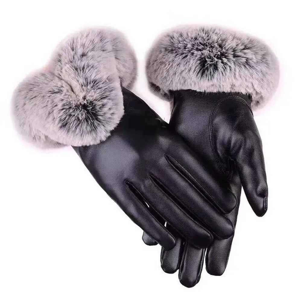 

Outdoor Winter Women Windproof Touch Screen Warm Faux Leather Full Finger Gloves2020