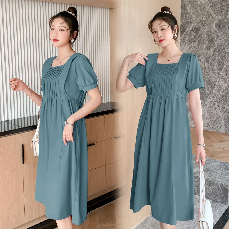 

9551# 2021 Summer Korean Fashion Maternity Dresses Elegant A Line Loose Clothes for Pregnant Women Ties Waist Pregnancy Clothing