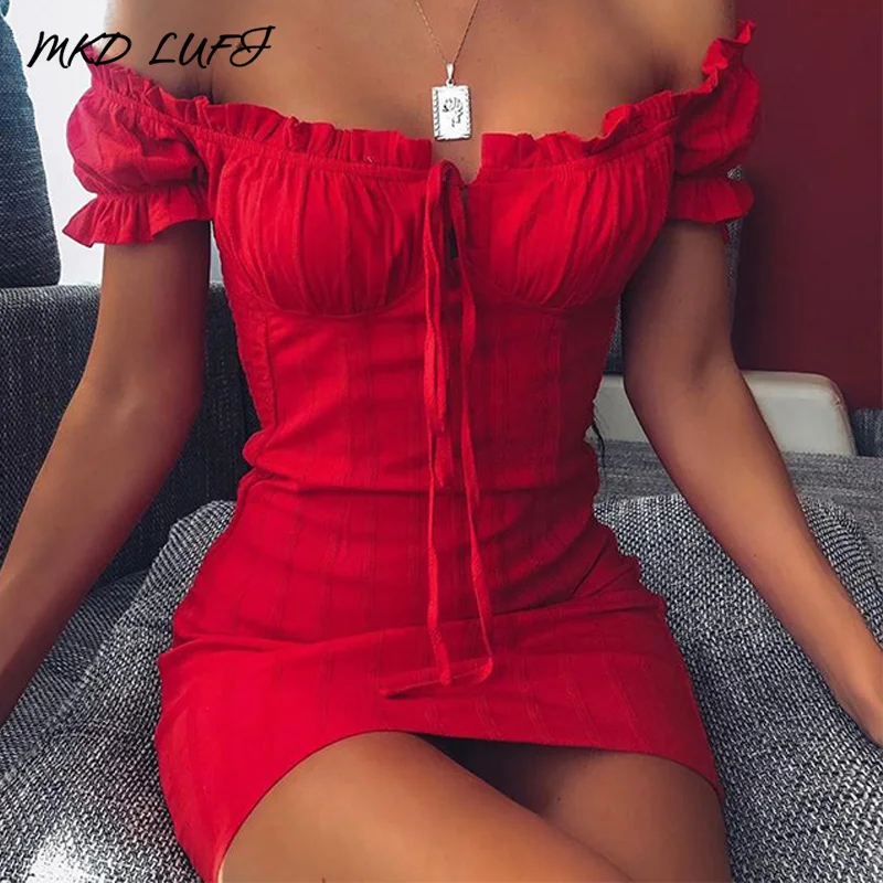 

Sexy Off Shoulder Smocked Bodycon Dress Women Strapless Ruffles Mini Red Dresses Short Party Club Dress Vestidos Dropshipping
