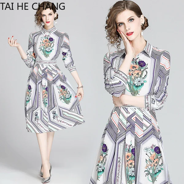 

Women Dress New Fashion Retro Spring Summer Elegant Slim Bodycon Vintage Party Runway Print Shirt Office Work Midi Dresses