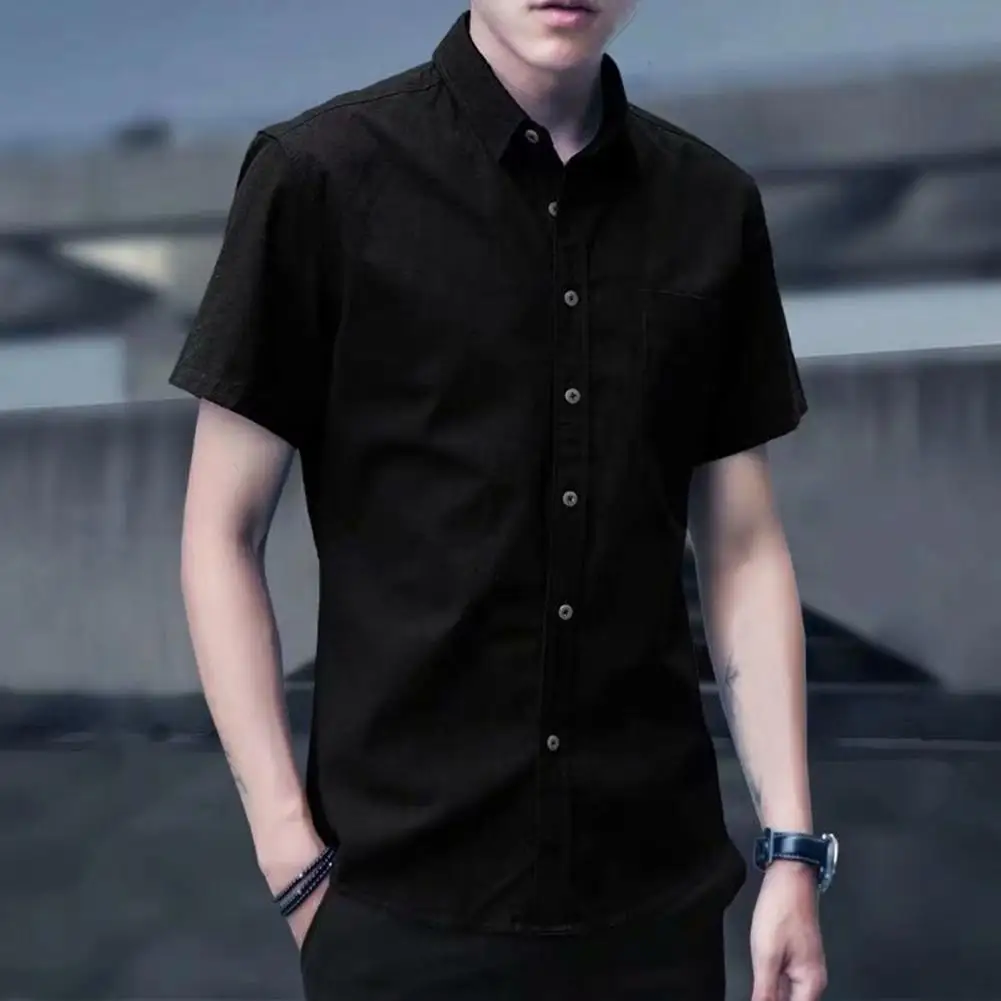 

Business Shirt Men Lapel Solid Color Tops Short Sleeve Pocket Casual Shirt Summer Mens Button Streetwear 2021 Camisa Masculina