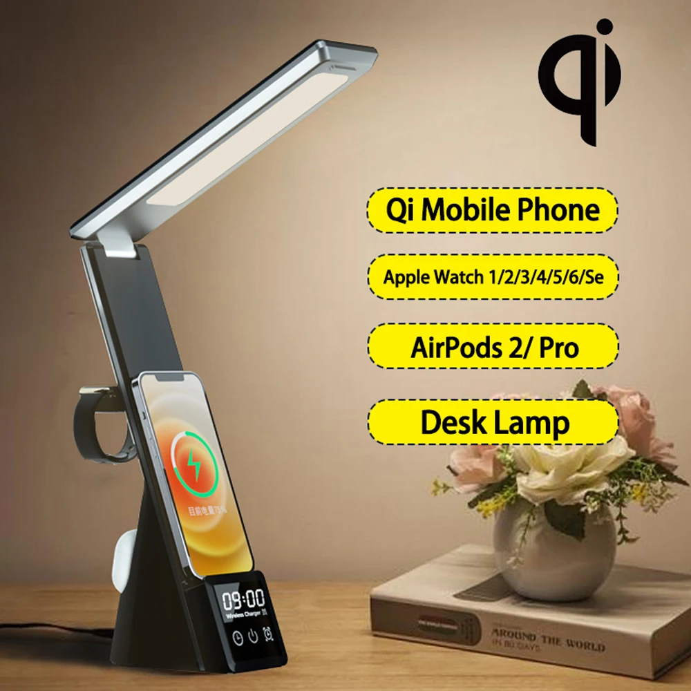 

3 IN 1 Alarm clock Table Lamp Fast Wireless Charger Stand For iPhone 12 Pro 11 Max XS Apple Watch 6 Se AirPods Desk Night light