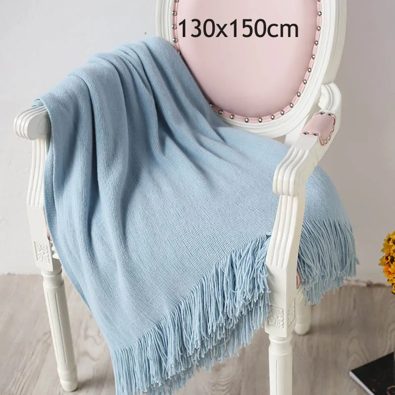 light blue Вязаное декоративное одеяло с кисточкой для кровати/дивана/офиса/кемпинга/Путешествия/сна - Цвет: light blue