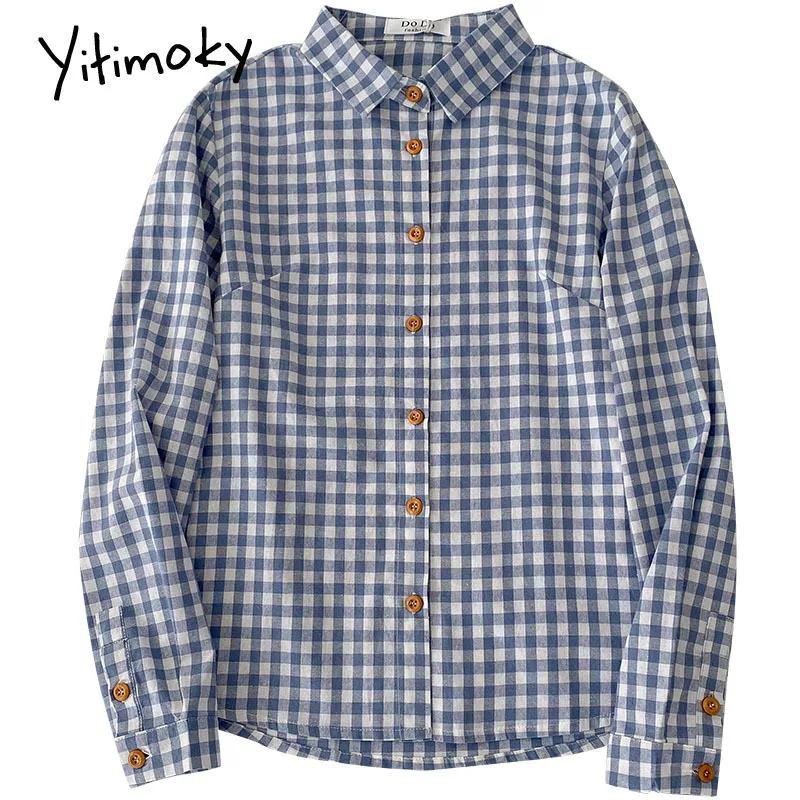 

Yitimoky Plaid Shirt Women 2021 Spring Summer New Solid Korean Fashion Top Long Sleeve Harajuku Button Casual Vintage Blouse