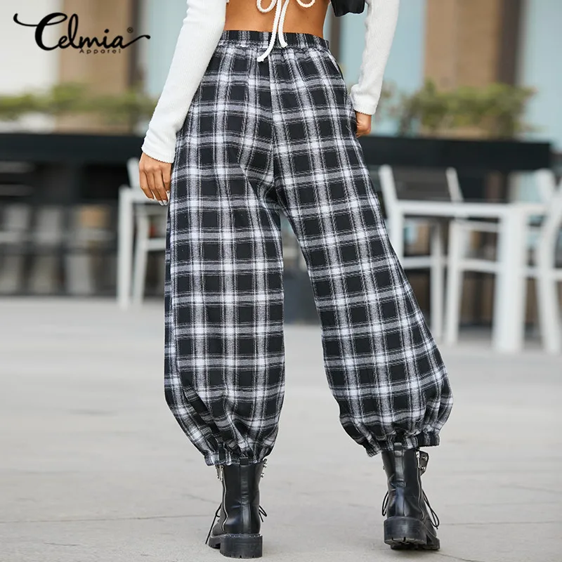 

2022 винтажные женские клетчатые брюки Celmia, Модные осенние повседневные мешковатые брюки с высокой талией и карманами, женская уличная одежд...