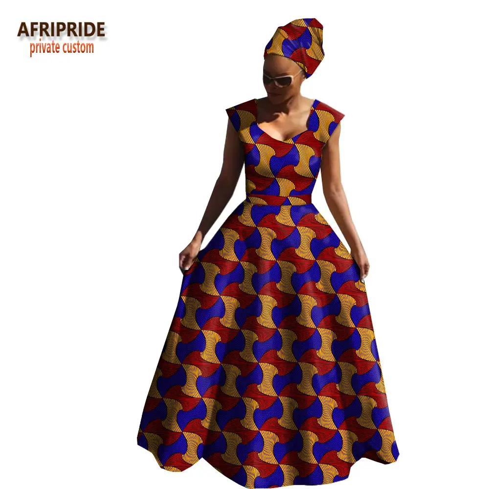 Afripride, Африканское весеннее Хлопковое платье для женщин, без рукавов, v-образный вырез, длина до пола, женское платье с повязкой на голову A1825039 - Цвет: 543J