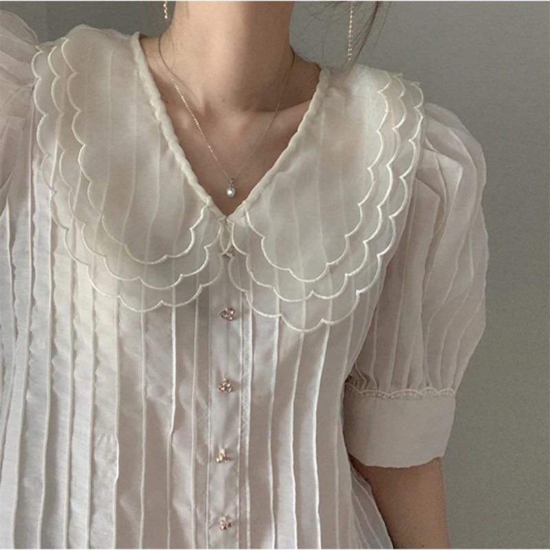 GALCAUR Korean Patchwork Ruffle Shirt For Woman Peter Pan Collar Puff Sleeve Oversize Loose Short Blouse Female Summer New 2020 | Женская