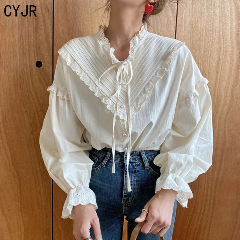 

CYJR 2020 New Arrival Hollow Out Vintage Elegant Tops Women Shirt Solid Long Sleeve Korean Style Loose Blouses Blusas