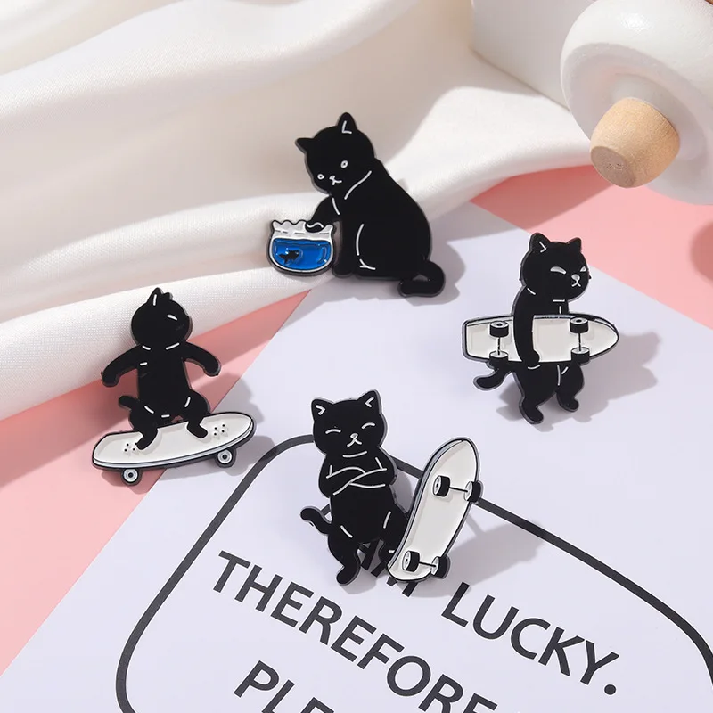 Cartoon Black And White Spotted Dog Brooches Skateboard Motion Dogs Enamel Pins Bag Lapel Badge Fashion Jewelry Gift for Kids | Украшения и