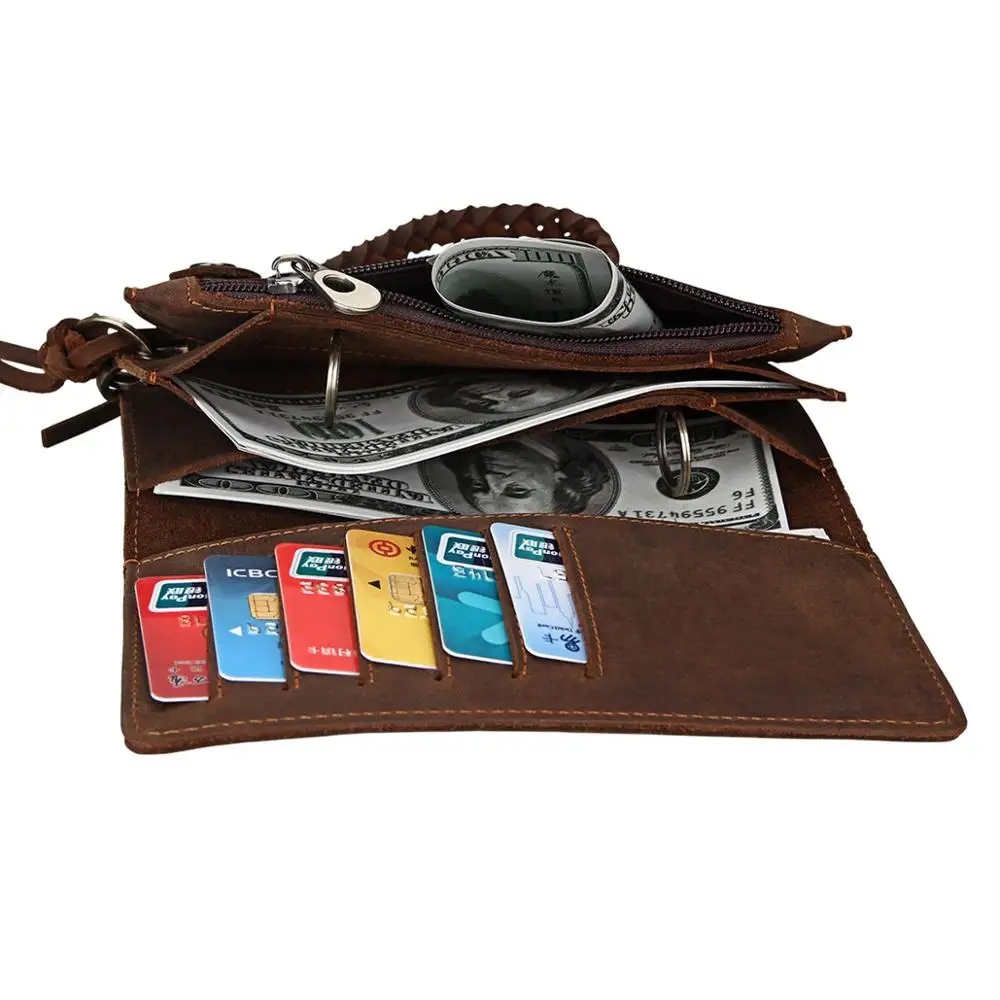 New Fashion Top Layer Cowskin Long Wallet with Braided Hand Strap Vintage Genuine Leather Coin Purse Luxury Card Clutch Bag