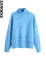 xnwmnz women sequin knit sweater womens round neck long sleeve sweater with matching pompoms female pullover elegant sweaters