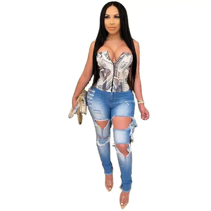 Denim Girl Trousers 2021 Hole High-Waist Slim-Fit Pants European And American Autumn And Winter New Personality  Korean Fashion