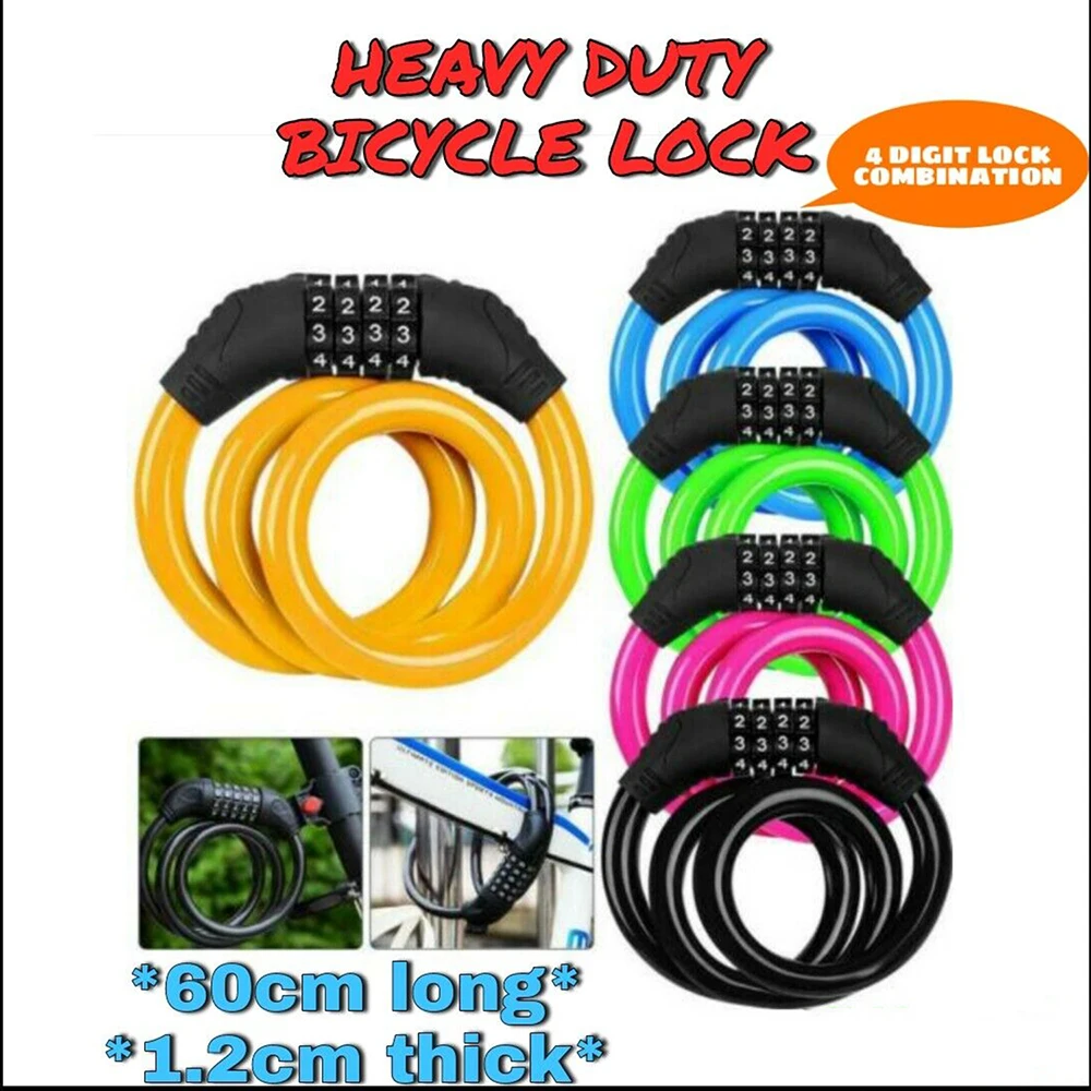 

New 4 Digit Combination Number Bike Lock Strong Heavy Cycle Security Resettable Bicycle Padlock 60cm Cable Chain Password Lock