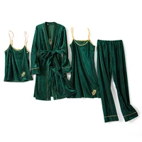 conjunto de pijamas femininos verdes 4 pe%c3%a7as robe camisola outono e inverno macio veludo roupa de dormir