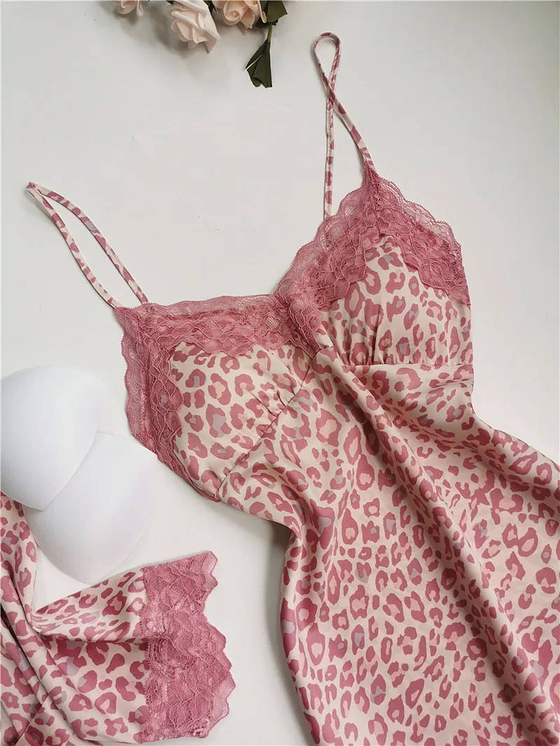 Розовый Леопардовый Атлас шелковая кружевная отделка ночная рубашка халат