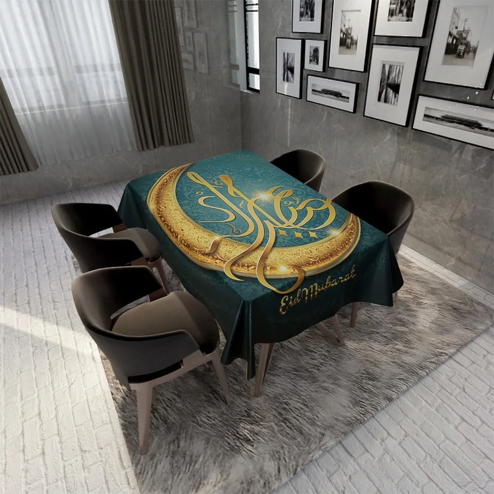 

Muslim Eid Mubarak Print Tablecloth Waterproof Rectangle Cotton Linen Prayer Dining Table Cloth Ramadan Kareem Decoration