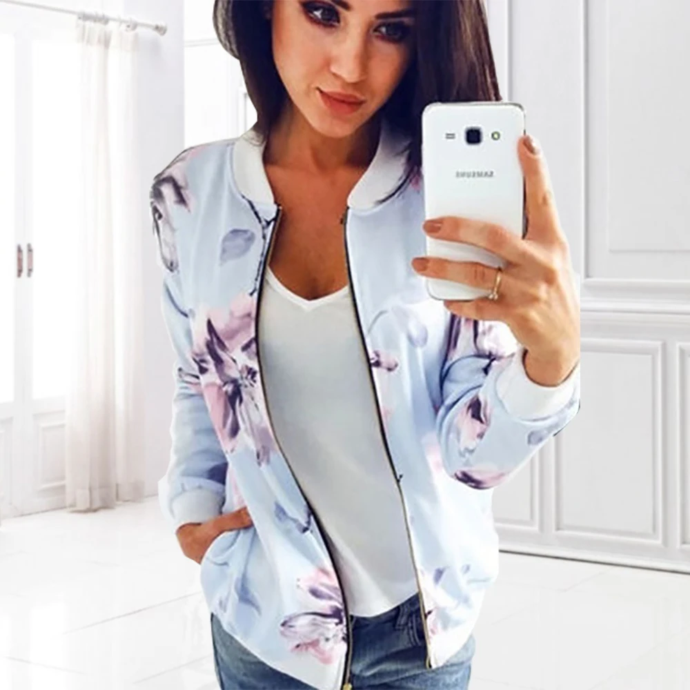 Женская короткая бейсбольная куртка на молнии с цветочным принтом и длинным