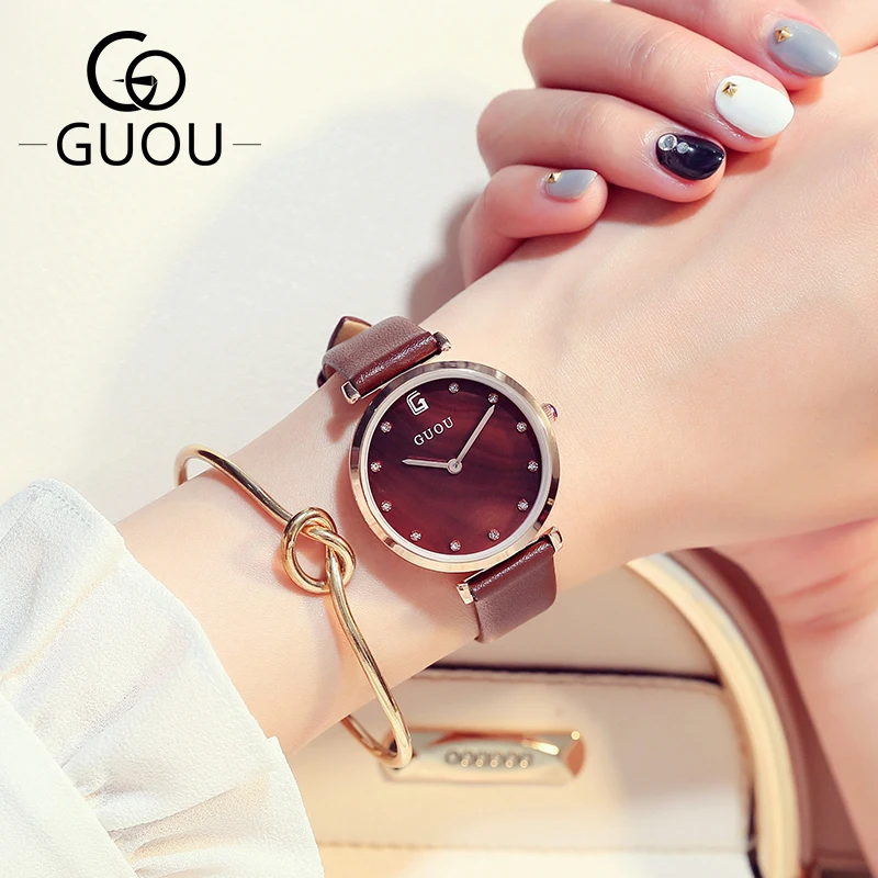 Enlarge GUOU Simple Female Quartz Watch for Women Seashell Ultra-thin Dial 6MM Ladies Wristwatches Waterproof Rhinestone Leather Strap