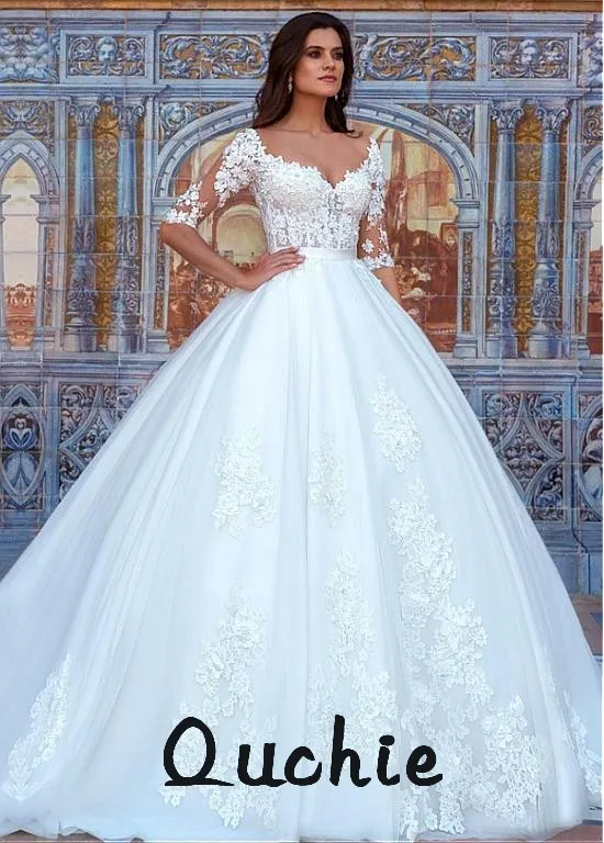 

Vintage Plus Wedding Dresses Appliques Abiti Da Sposa Half Sleeve Vestidos De Novia Bridel Gown Custom Made