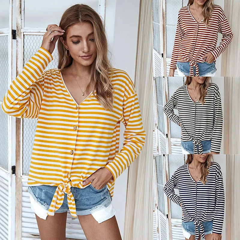 

Хит, kf-осенний Топ, женская футболка с длинным рукавом, полосатая футболка, женская одежда, на пуговицах, с бантом, с v-образным вырезом, футбо...