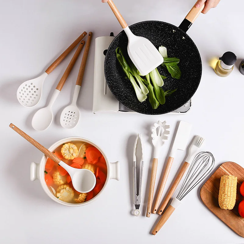 

11PCS Silicone Cooking Utensils Non-Stick Spatula Shovel Wooden Handle Cooking Tools With Storage Box Kitchen Tool Accessories
