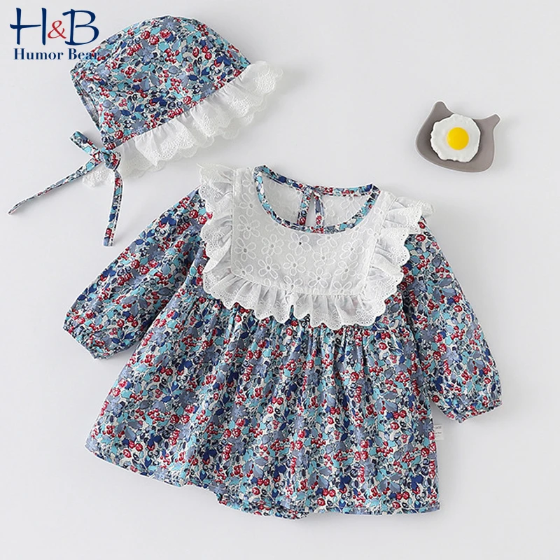 

Комбинезон Humor Bear для маленьких девочек, новый весенне-осенний комбинезон с длинным рукавом и цветочным принтом + шапка, Одежда для новорожд...