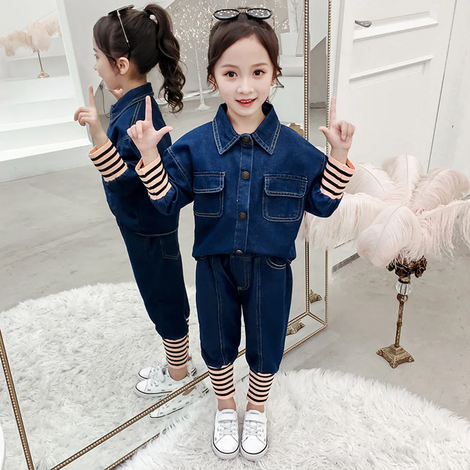 Детская одежда джинсовая куртка и джинсы наряды для девочек брюки-карандаш в