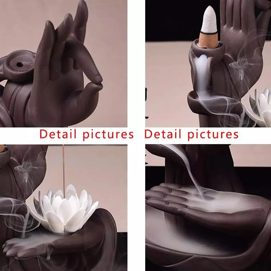 

Gift 10Cones White Ceramic Incense Censer Buddha Hand Backflow Incense Burner Lotus Incense Stick Holder