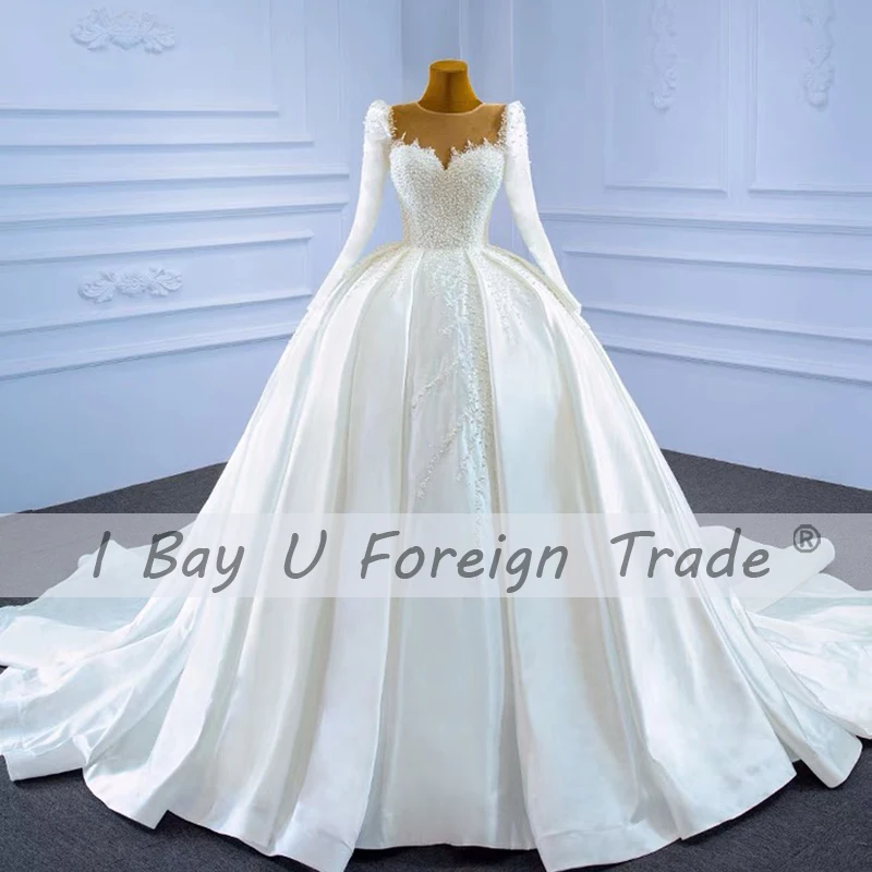 100% Real Photo Vintage Pearl Wedding Dress 2021 Casamento Long Sleeve Beading Lace Bridal Gowns Lace Up