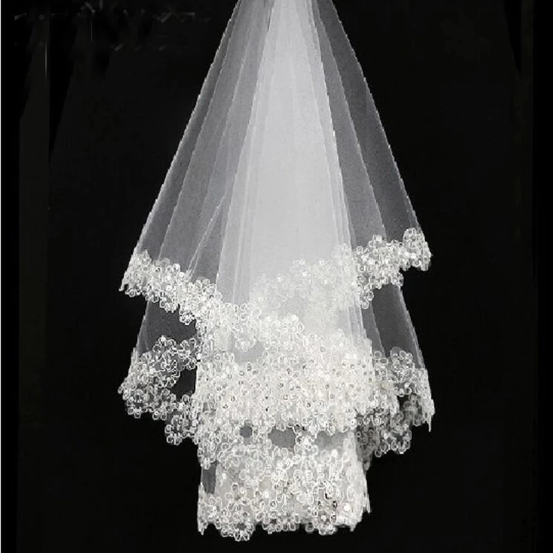

On Sale Latest Arrival White Lace Edge White Tulle Bridal Wedding Veils One Tier Beaded 120cm Bride Veils Wedding Accessory