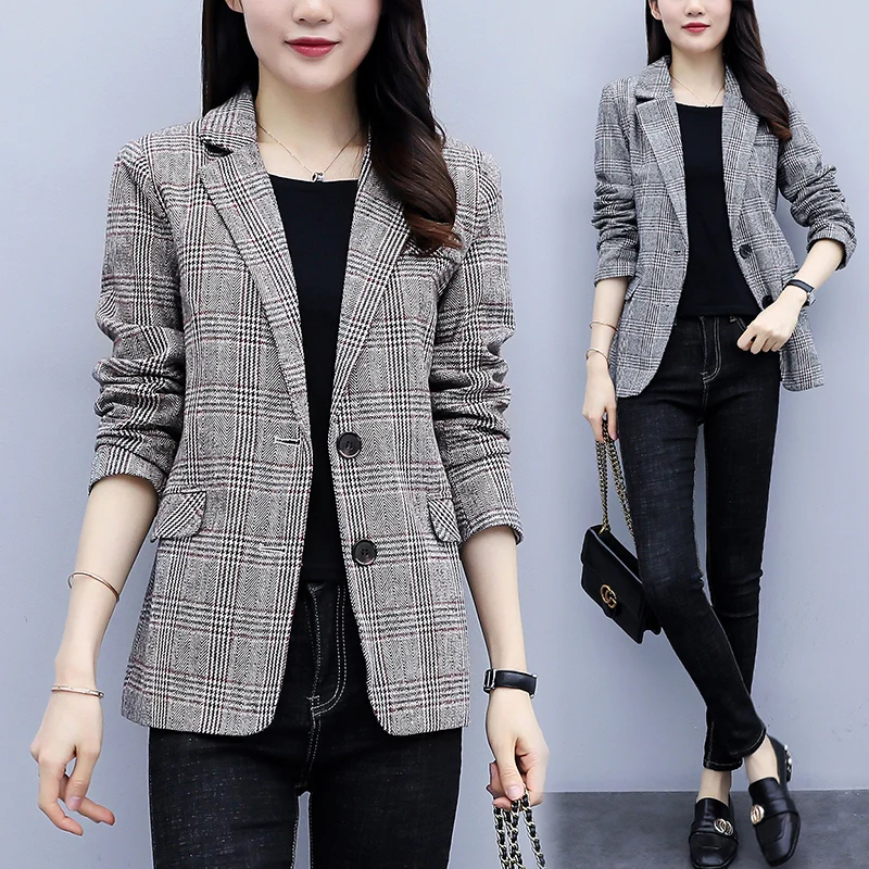 Fashion Fall Women Plaid Blazer Jackets Work Office Ladies Suit Vintage Single Breasted Pockets Business Female Blazer Coat New