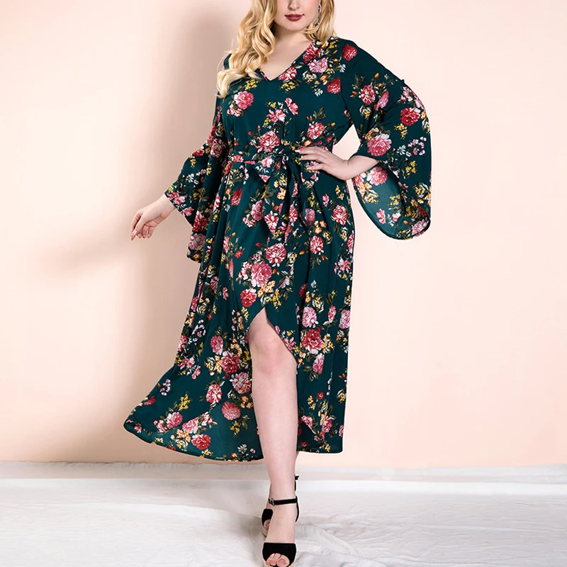 OTEN 2018 Autumn Women Fashion Clothes Long Sleeves V Neck Green Ruffle Flowers printed Casual Party Irregular Dress | Женская одежда