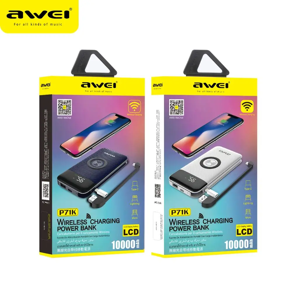 

AWEI Powerbank 10000mAh Wireless Charging Power Bank LED Display Portable Battery Buit in Lightning Micro Cable Poverbank P71K